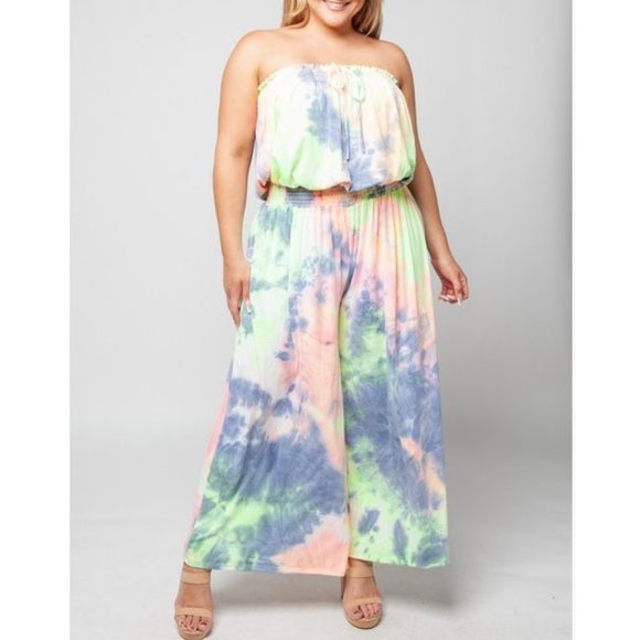 Pants - Plus Size Neon Tie Dye Cropped Wide Leg Jumpsuit
